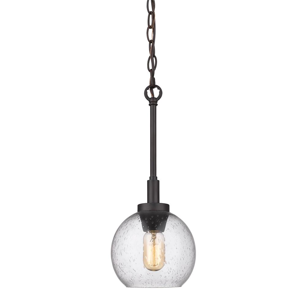 Golden Lighting 4855-M1L RBZ-SD Galveston Mini Pendant in Rubbed Bronze with Seeded Glass